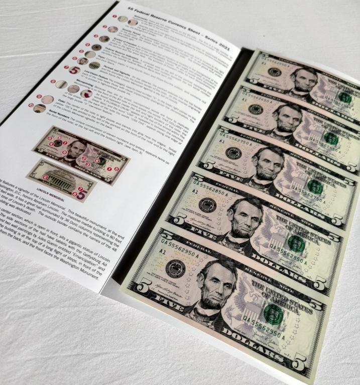 $5 х 5шт лист настоящих долларов неразрезанный