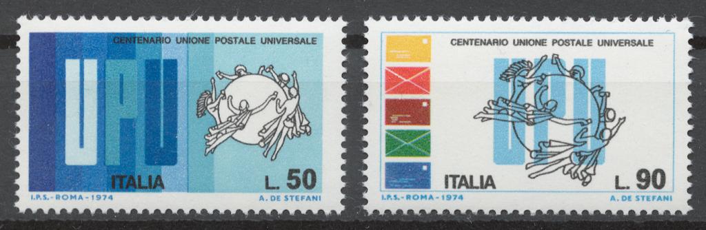 Италия 1974 Mi# 1465-66** 100 ЛЕТИЕ ВСЕМИРНОГО ПОЧТОВОГО СОЮЗА UPU