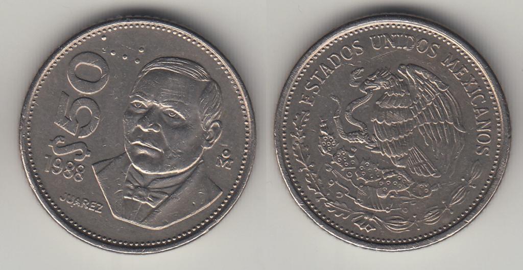 Мексика 50 песо 1988 Немагнитная гурт рубчатый М