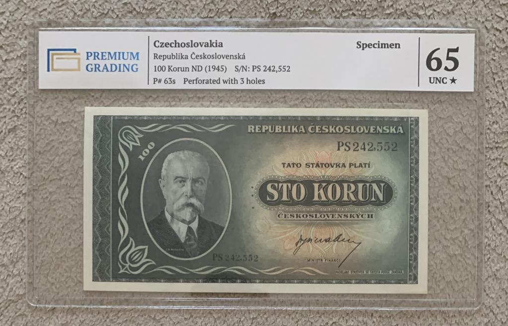 Чехословакия 100 крон 1945 UNC ПРЕСС Образец Specimen слаб PREMIUM GRADING 65 + звезда