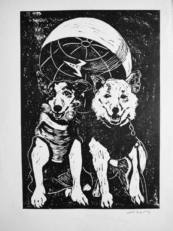 Линогравюра "Белка и Стрелка" графика ручной оттиск dogs in space собаки в космосе
