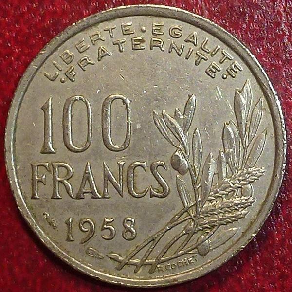 Франция 100 франков 1958 года. (w) - wing - крыло.