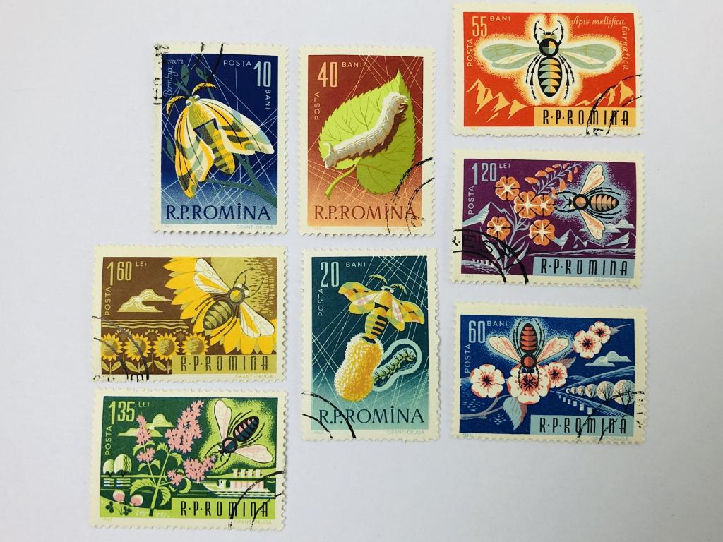 Пчеловодство и шелководство. Тутовый шелкопряд, кокон. Медоносные пчёлы. Полная серия. Румыния 1963