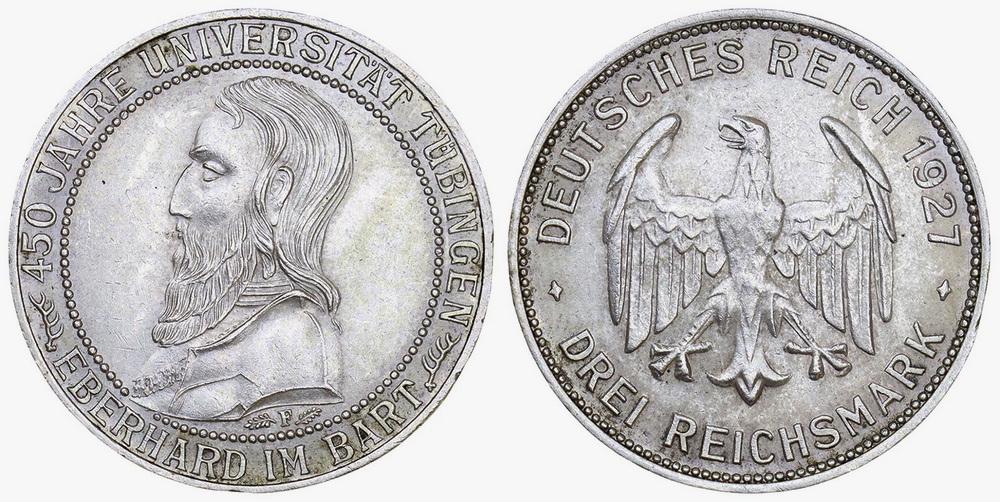 Веймарская Республика 3 марки 1927F 450 лет университету Тюбингена ННР UNC Det. (0075)