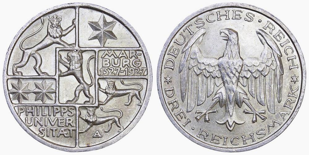 Веймарская Республика 3 марки 1927A 400 лет университету Марбурга ННР MS63 (0074)