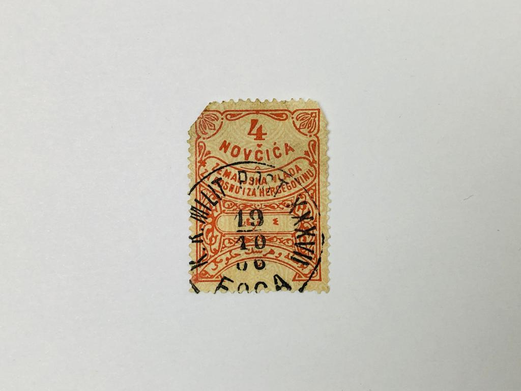 Фискальная марка. 4 новчика. Босния и Герцеговина, австро-венгерская админ. 1879. Гашен. Дефект