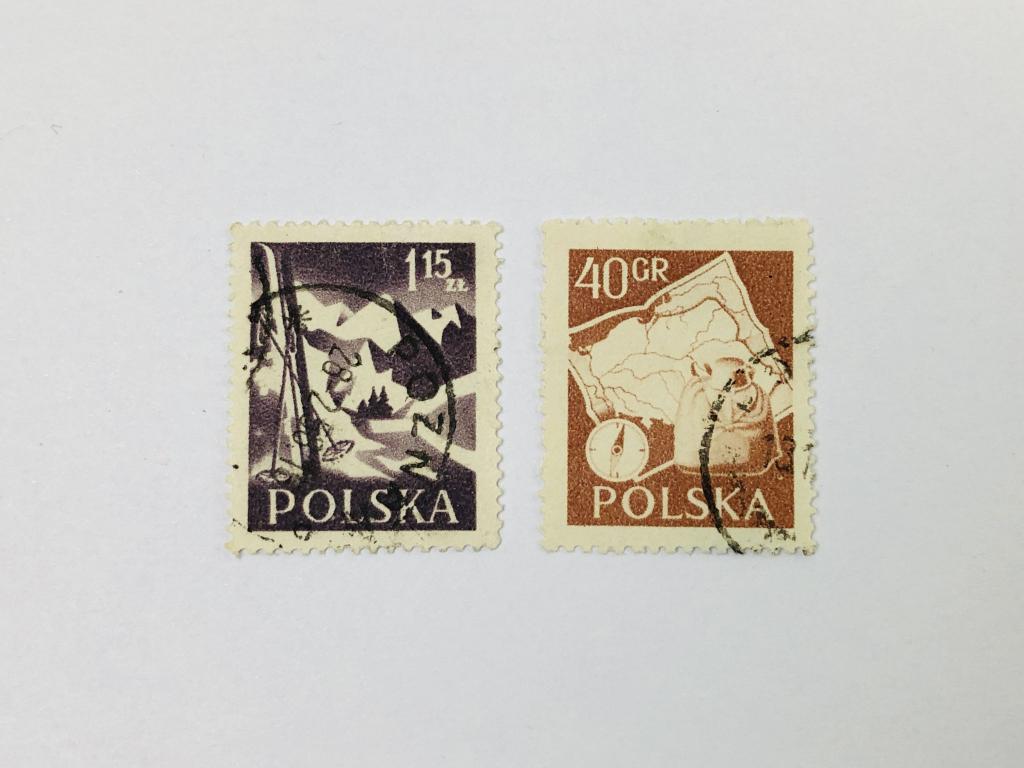 Польская туристическая индустрия. Компас и рюкзак, карта Польши. Лыжи. Неполная серия. Польша. 1956