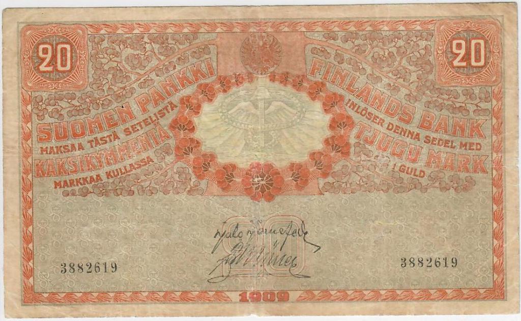 20 марок 1909 г. Русская Финляндия. Великое княжество Финляндское. Хорошее состояние