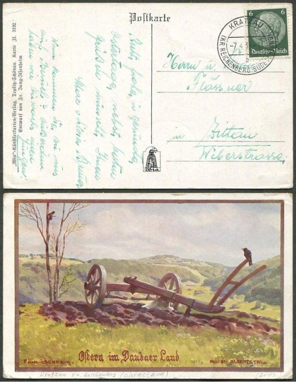 СУДЕТЫ 1939 Sudetenland Германия KRATZAU (Chrastava) оккупация Чехословакии открытка (живопись Плуг)