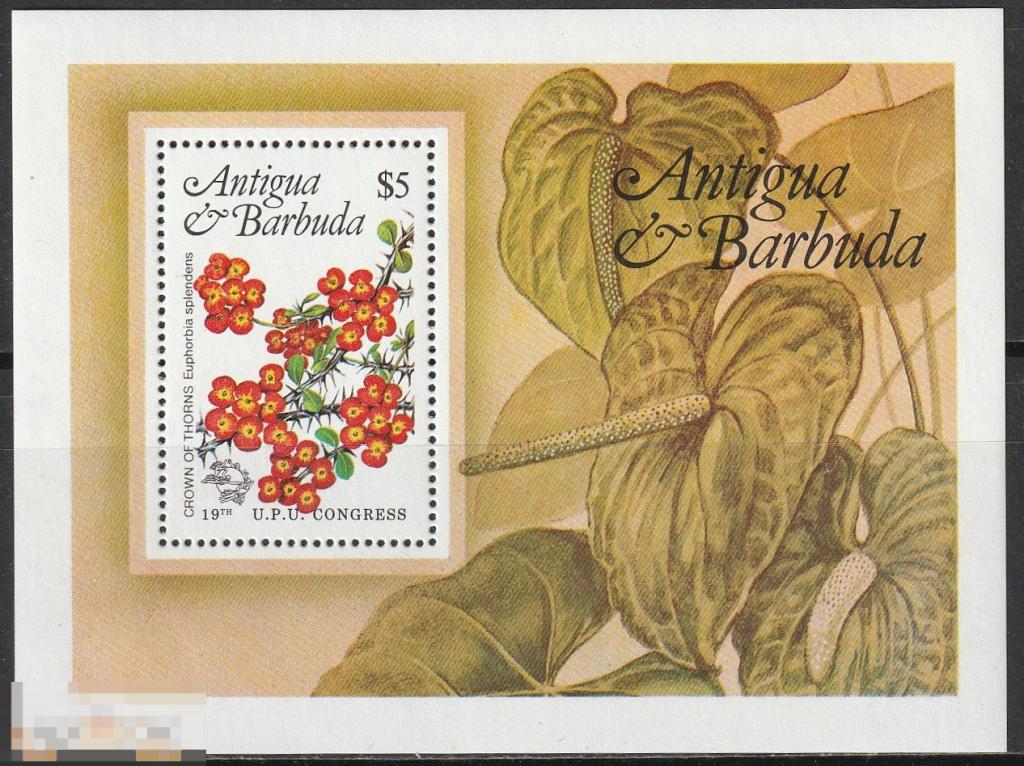 Антигуа и Барбуда Флора Цветы Конгресс UPU блок** 1984г.