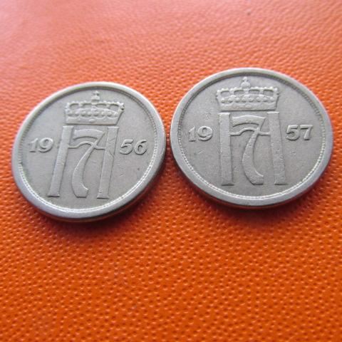 Монета 25 эре, оре Норвегия 1956; 1957, хорошие поштучно