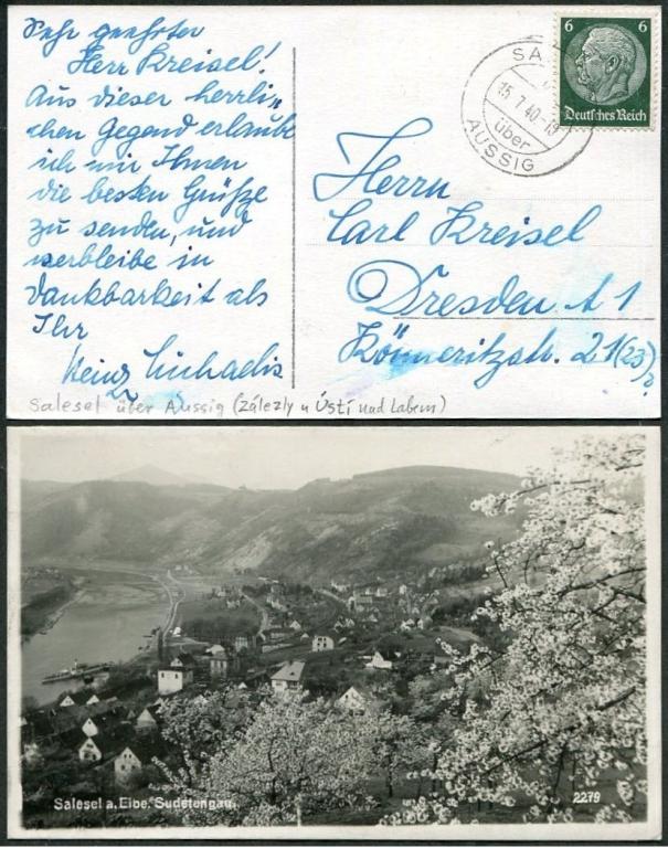 СУДЕТЫ 1940 Sudetenland Германия SALESEL über AUSSIG (Zálezly) оккупация Чехословакии открытка