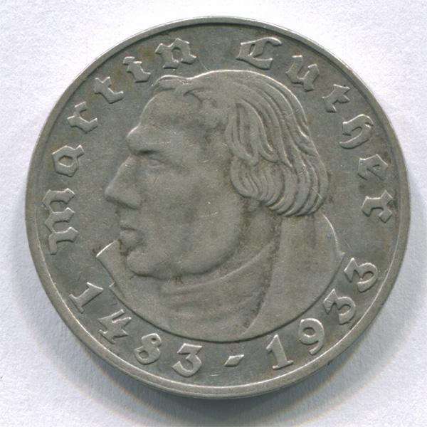 Германия 2 рейхсмарки 1933 г Мартин Лютер 1483 - 1933 A