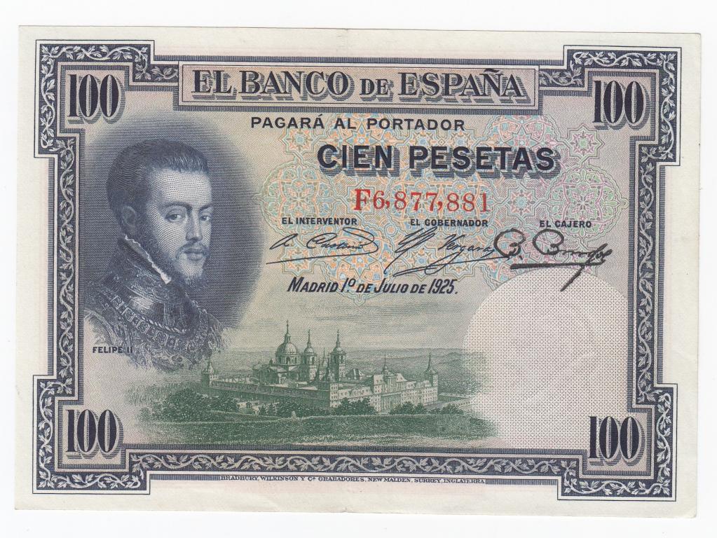 Испания Банкнота 100 песет 1925 год F6,877,881 XF (39388)