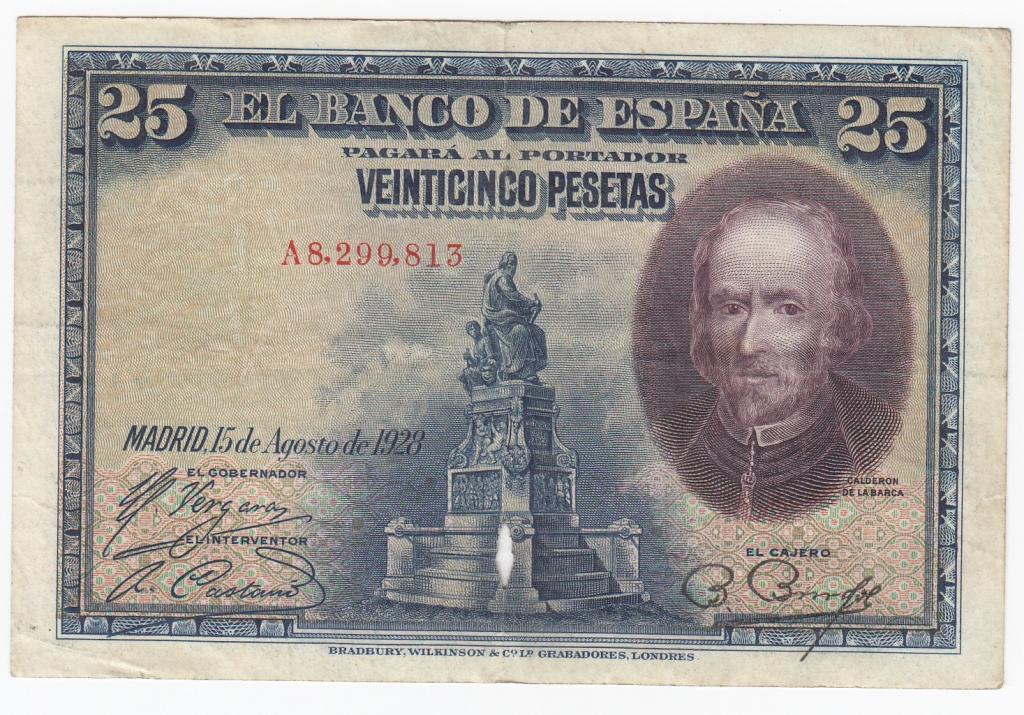 Испания Банкнота 25 песет 1928 год A8,299,813 VF (39373)
