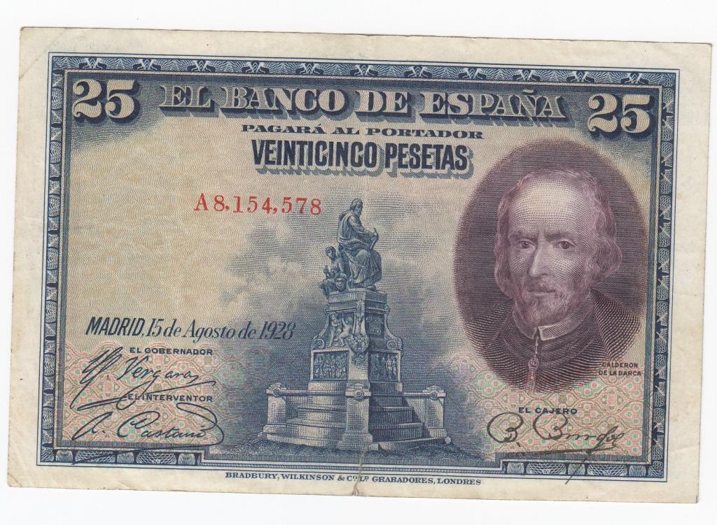 Испания Банкнота 25 песет 1928 год A8,154,578 VF (39375)