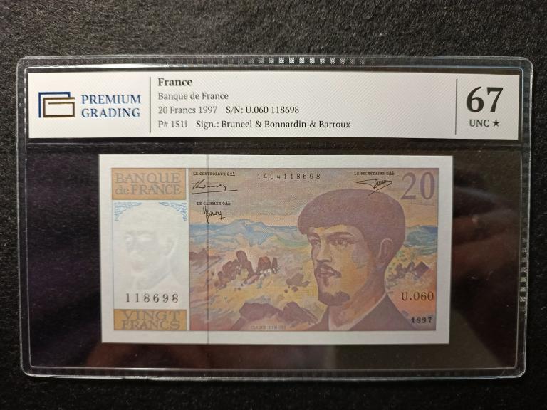 Франция 20 франков 1997 года ( Bruneel & Bonnardin & Barroux ) PREMIUM GRADING Слаб - 67 * UNC !!!