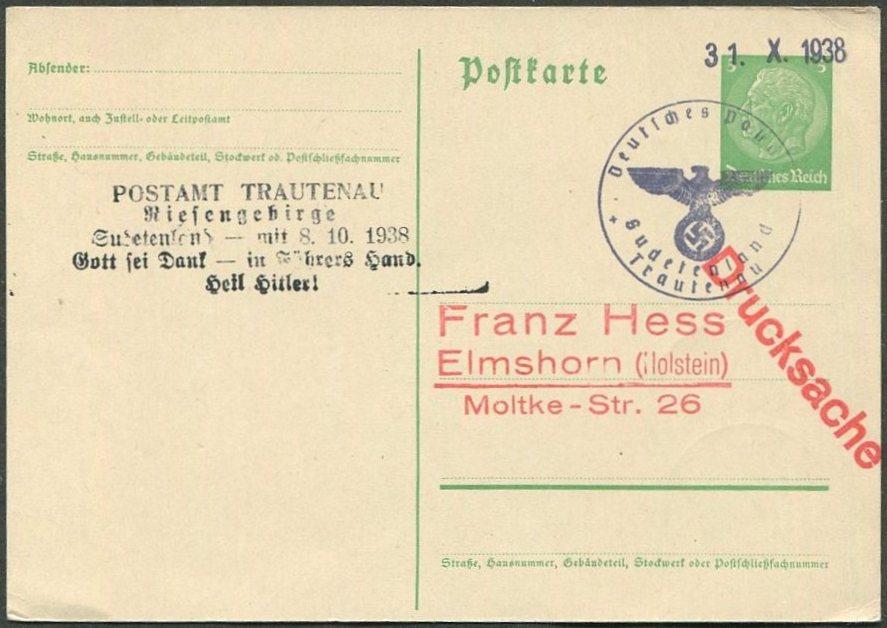 СУДЕТЫ 1938 Sudetenland Германия TRAUTENAU (Trutnov) провизорий + слоган оккупация Чехословакии ПК