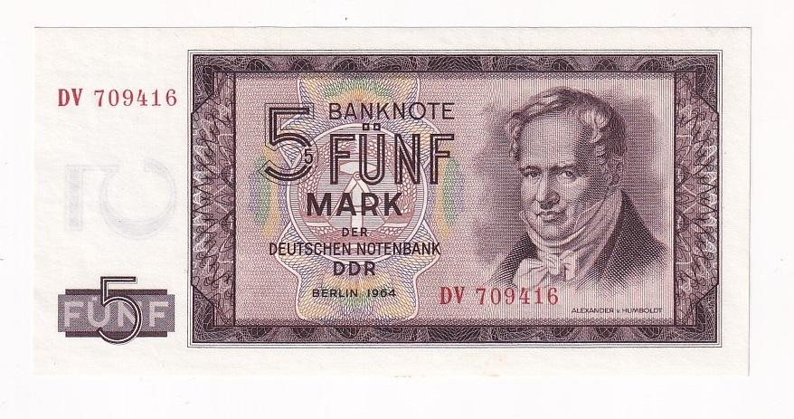 ГДР Банкнота 5 марок 1964 год Серия DV UNC (39445)