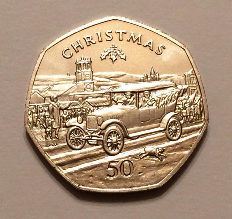 ОСТРОВ МЭН 50 ПЕНСОВ 1983 РОЖДЕСТВО АВТОМОБИЛЬ КОШКА XF+/UNC 30мм (3)