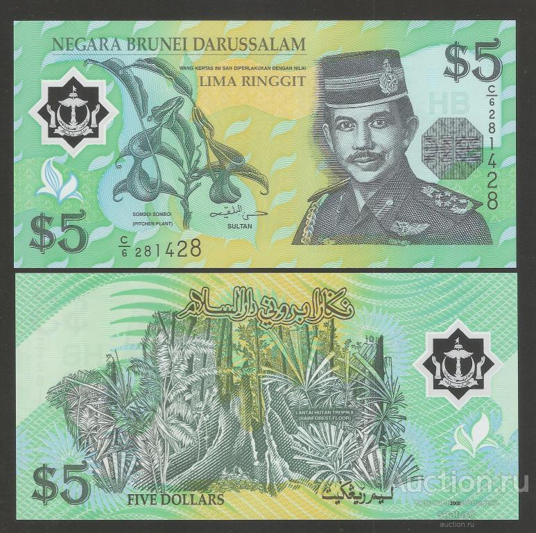 5 ринггит долларов Бруней 2002 полимер UNC пресс