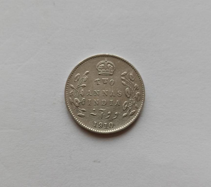 ИНДИЯ БРИТАНСКАЯ 2 АННЫ 1910 года. СЕРЕБРО. РЕДКАЯ! ОРИГИНАЛ.