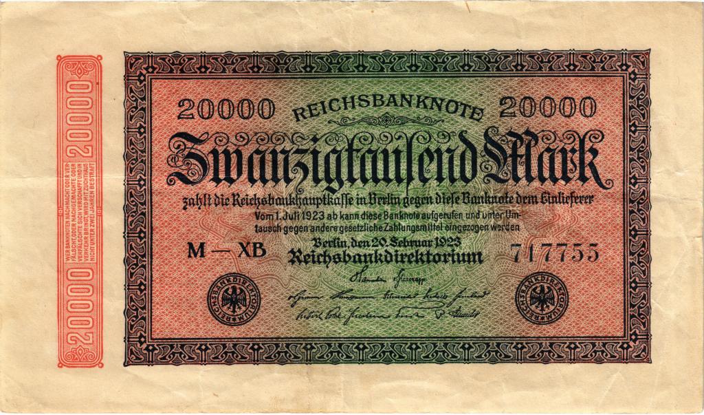 20000 марок 1923 года Германия номер 717755 в/p Ringe