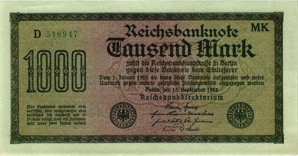 1000 марок 1922 года Германия в/з Vielecke