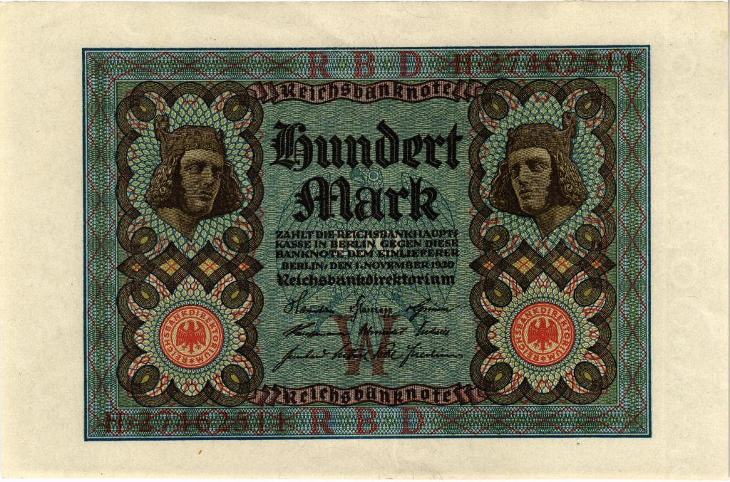 100 марок 1920 года Германия UNC номер 8 знаков