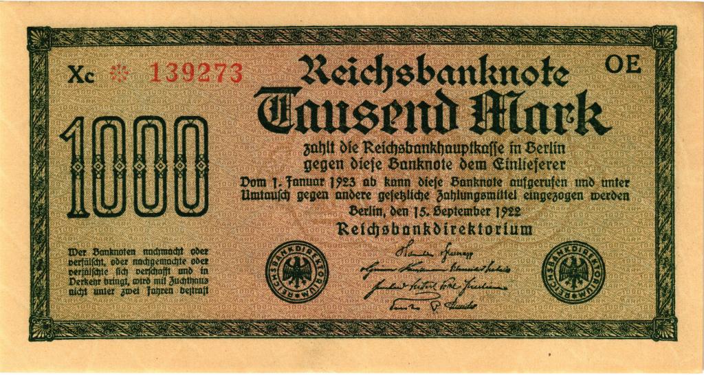 1000 марок 1922 года Германия UNC в/з Dornen