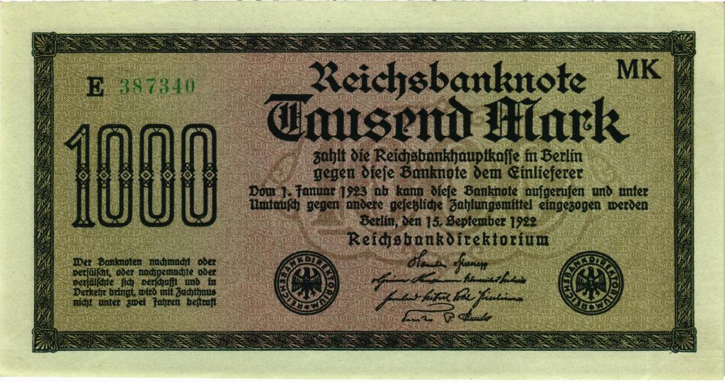 1000 марок 1922 года Германия UNC в/з Vielecke