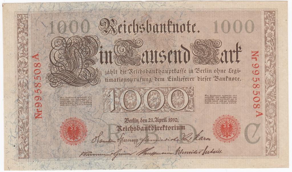 Германия Банкнота 1000 марок 1910 год Буква C Nr9958508A AUNC/UNC (39614)