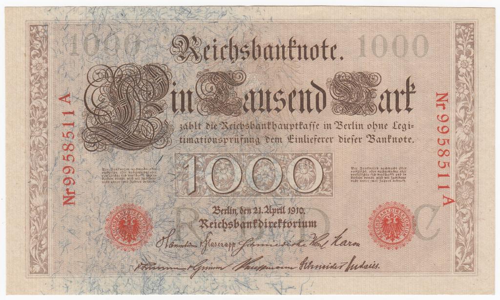 Германия Банкнота 1000 марок 1910 год Буква C Nr9958511A AUNC/UNC (39616)