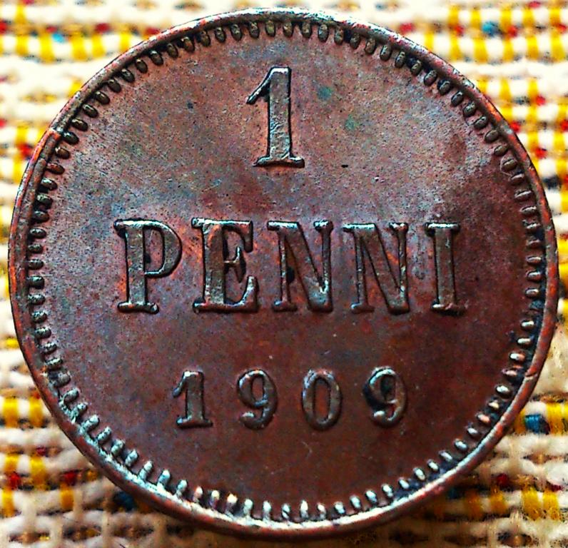 1  ПЕННИ  1909 г.  РУССКАЯ  ФИНЛЯНДИЯ .  AUNC .  ОТЛИЧНАЯ .  ОРИГИНАЛ .  № 7