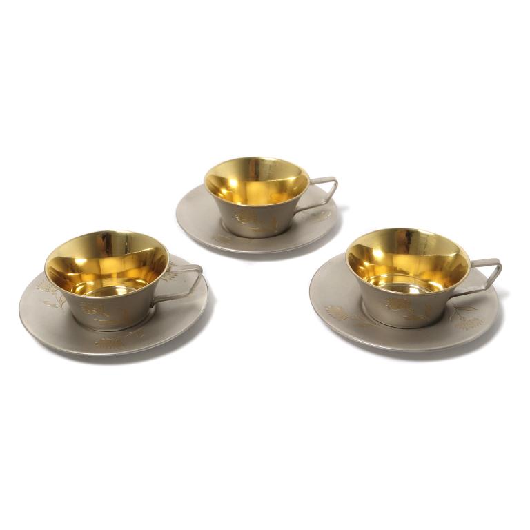 3 серебряные кофейные пары (чашка с блюдцем). СССР, 1969 год