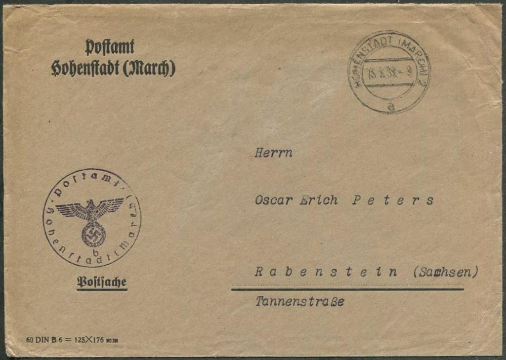 СУДЕТЫ 1939 Sudetenland Германия HOHENSTADT-MARCH (Zábřeh) служебное ПОЧТАМТ оккупация Чехословакии