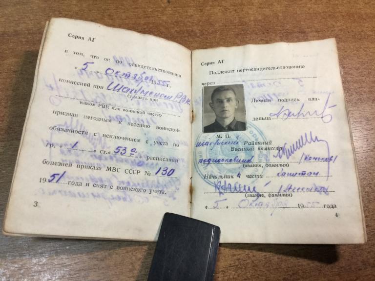 1955 год. Свидетельство об освобождении от воинской обязанности. Белый билет. Горьковская область.