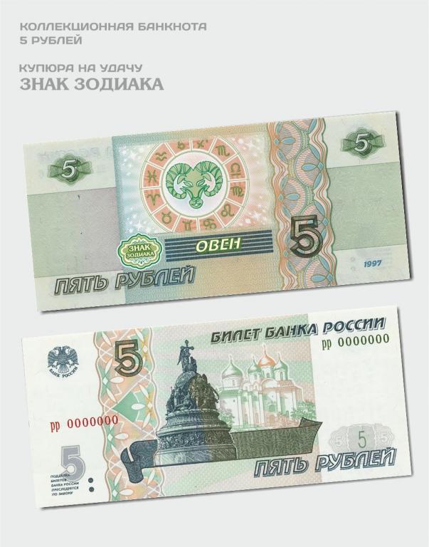 Банкнота 5 рублей ОВЕН из серии Знаки зодиака - в кошелёк на удачу!