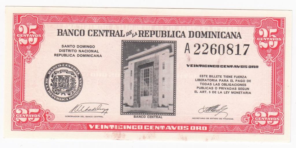 Доминикана Банкнота 25 сентаво центаво 1961 год A 2260817 AUNC/UNC (39861)