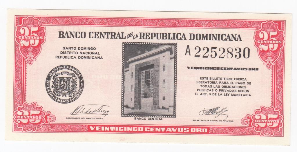 Доминикана Банкнота 25 сентаво центаво 1961 год A 2252830 AUNC/UNC (39847)