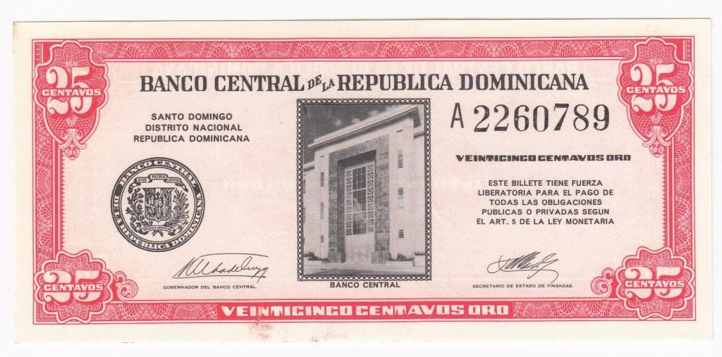 Доминикана Банкнота 25 сентаво центаво 1961 год A 2260789 AUNC/UNC (39856)