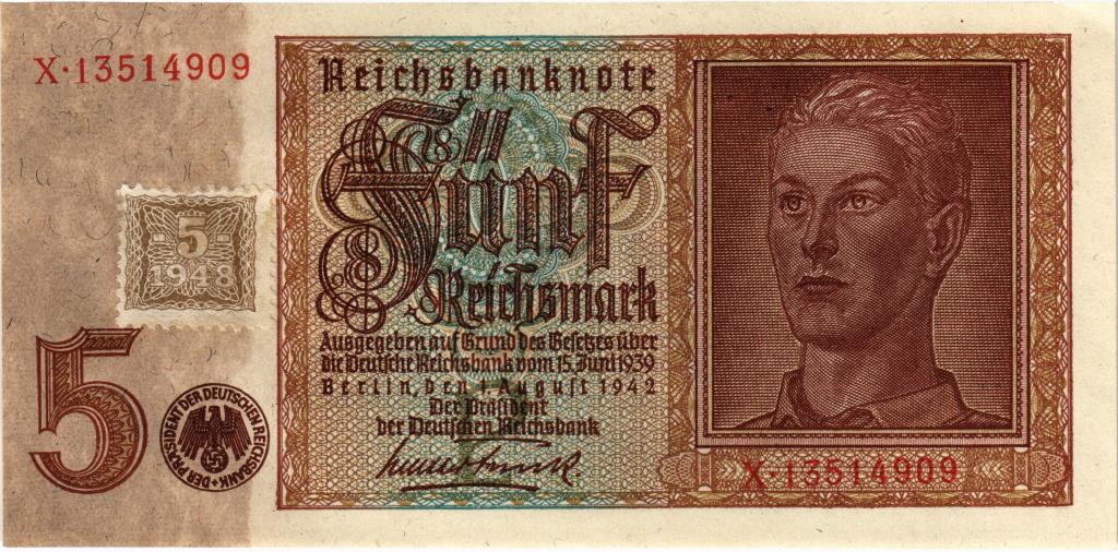 Германия ГДР 5 марок 1948 год на 5 рейхсмарках 1942 года UNC
