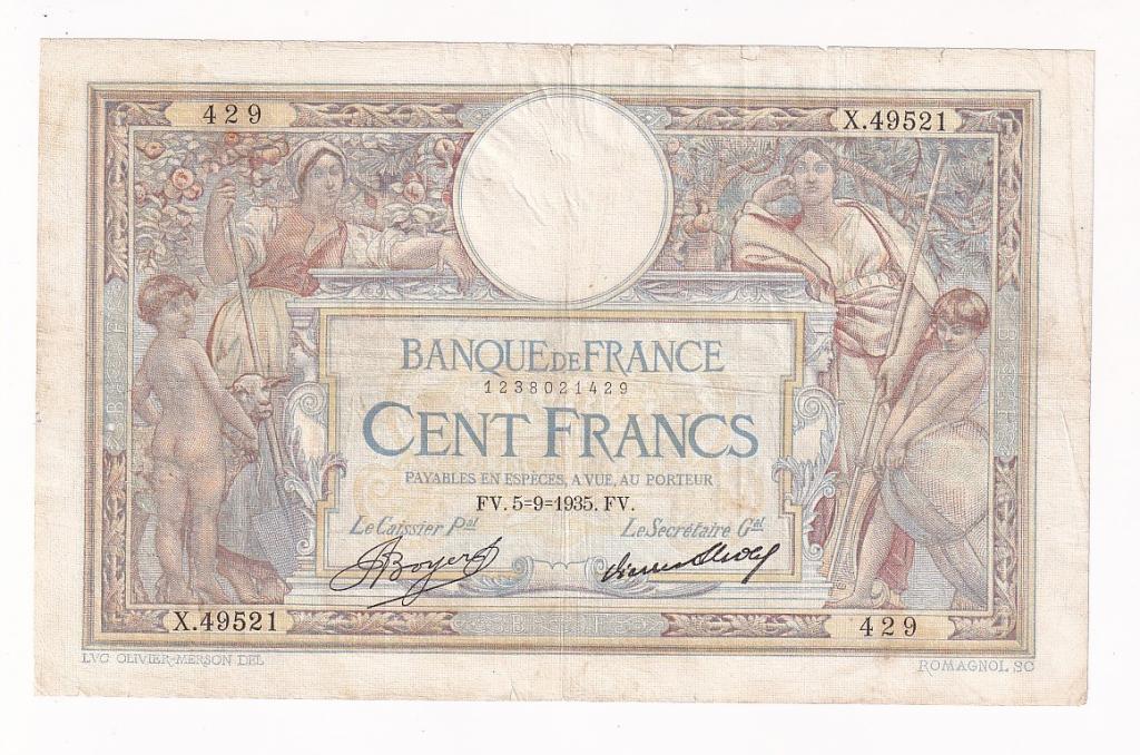 Франция Банкнота 100 франков 1935 год 429 X.49521 VF (39978)
