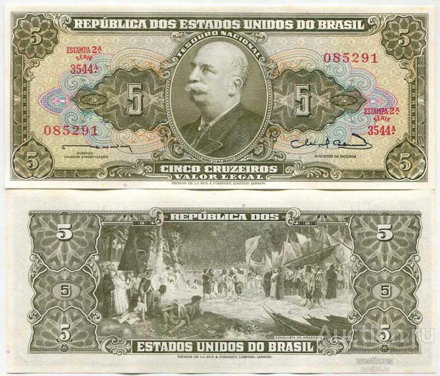 Бразилия 5 крузейро 1962-1964 гг. серия 3544 KM 176b UNC