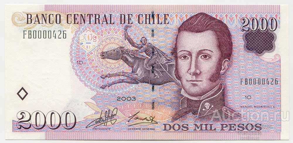 Чили 2000 песо 2003 г. KM 158a UNC хороший номер