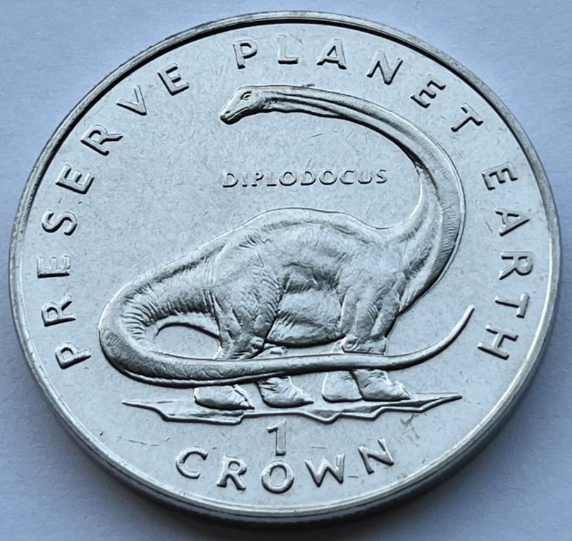 ОСТРОВ МЭН 1 КРОНА 1993 ГОД ДИПЛОДОК (СОХРАНИТЕ ПЛАНЕТУ ЗЕМЛЯ ДИНОЗАВРЫ)