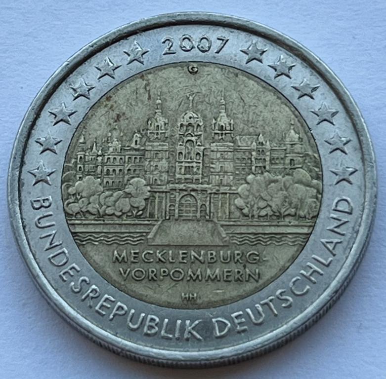 ГЕРМАНИЯ 2 ЕВРО 2007 ГОД ШВЕРИНСКИЙ ЗАМОК МЕКЛЕНБУРГ ПЕРЕДНЯЯ ПОМЕРАНИЯ G