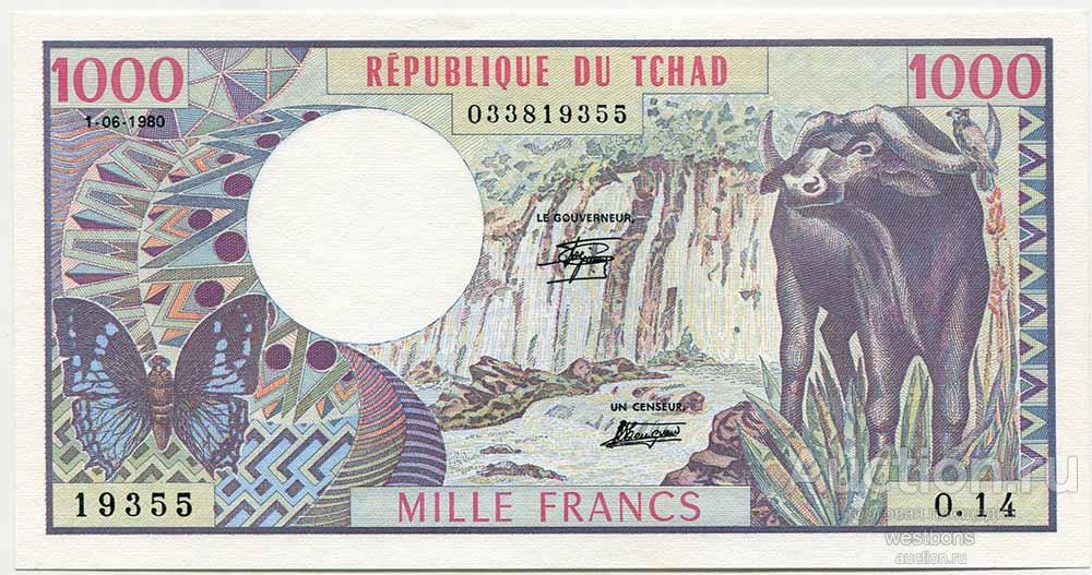 Чад 1000 франков 1980 г. KM 7 UNC