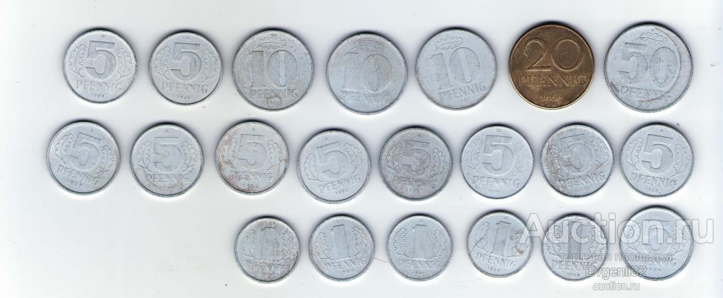 Германия (ГДР)  1, 5, 10, 20, 50 пфеннигов.  1965 -1989 гг.