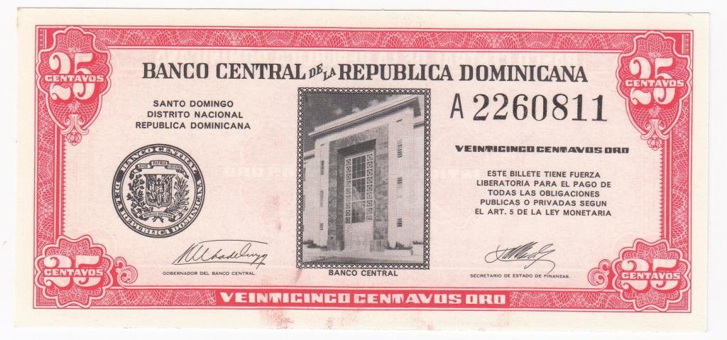 Доминикана Банкнота 25 сентаво центаво 1961 год A2260811 AUNC/UNC (40069)